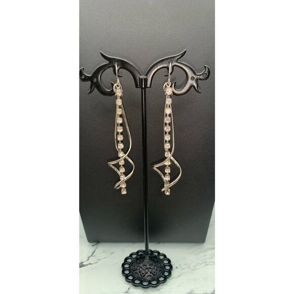 Silver Tone Swirl Earrings With Clear Rhinestone Dangle Unique Artsy Beauty - Picture 3 of 4